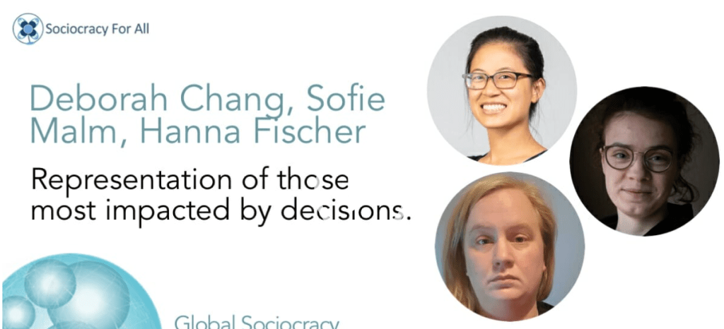 Sociocracy for All
Deborah Chang, Sofie Malm, Hanna Fischer
Representation of those most impacted by decisions.